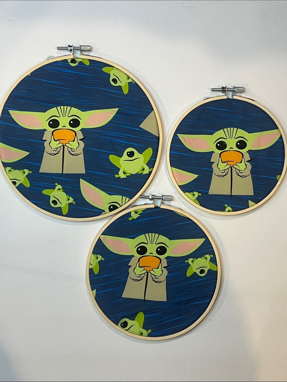 Baby Yoda (Grogu) Fabric Hoop Art Set in Navy and Lime Hand Crafted